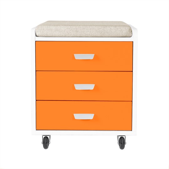Выкатная тумба в детскую усиленная 3 ящика с подушкой, цвет Белый/Оранжевый в Липецке - изображение 1